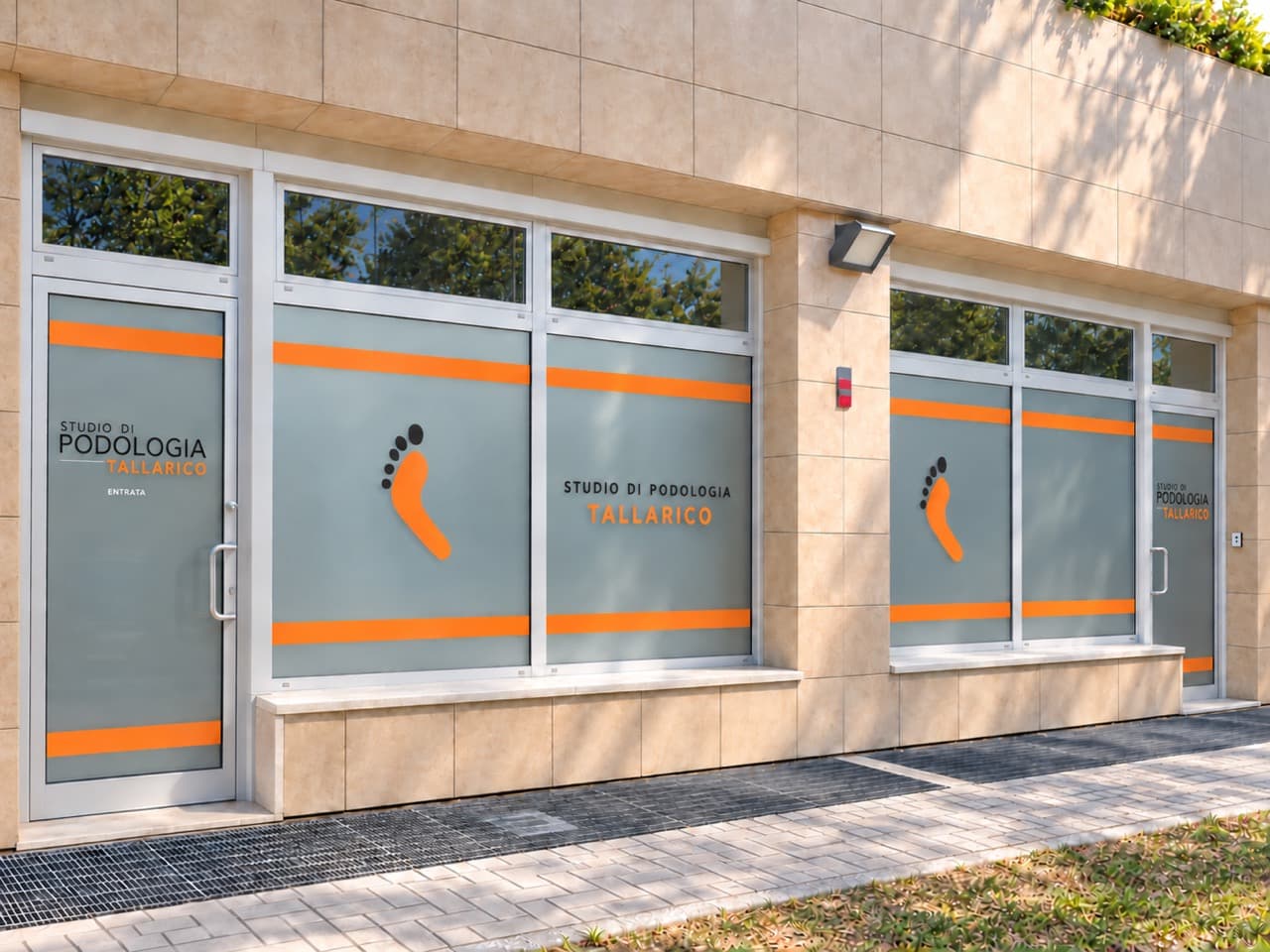 L’ingresso dello studio di Bologna: vetrate con fasce arancioni e l’orma del logo